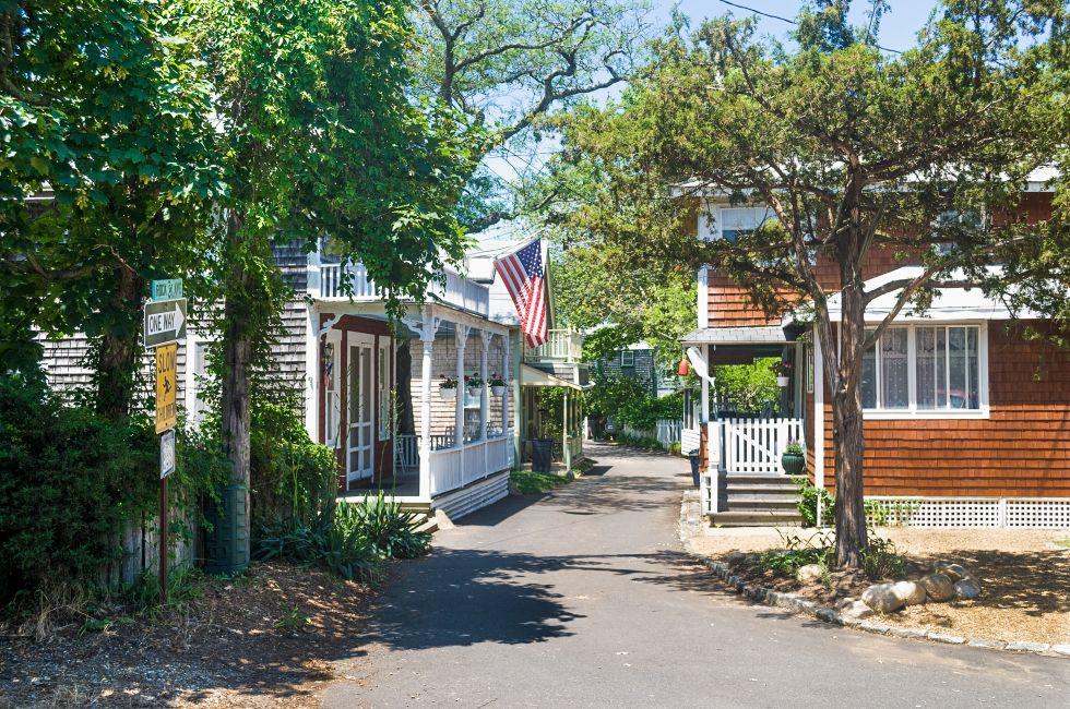 Narrow streets and quaint cottages in Oak Bluffs on June 26, 2011. Oak Bluffs on Martha&#x2019;s Vineyard is popular for the historic gingerbread style homes located there.