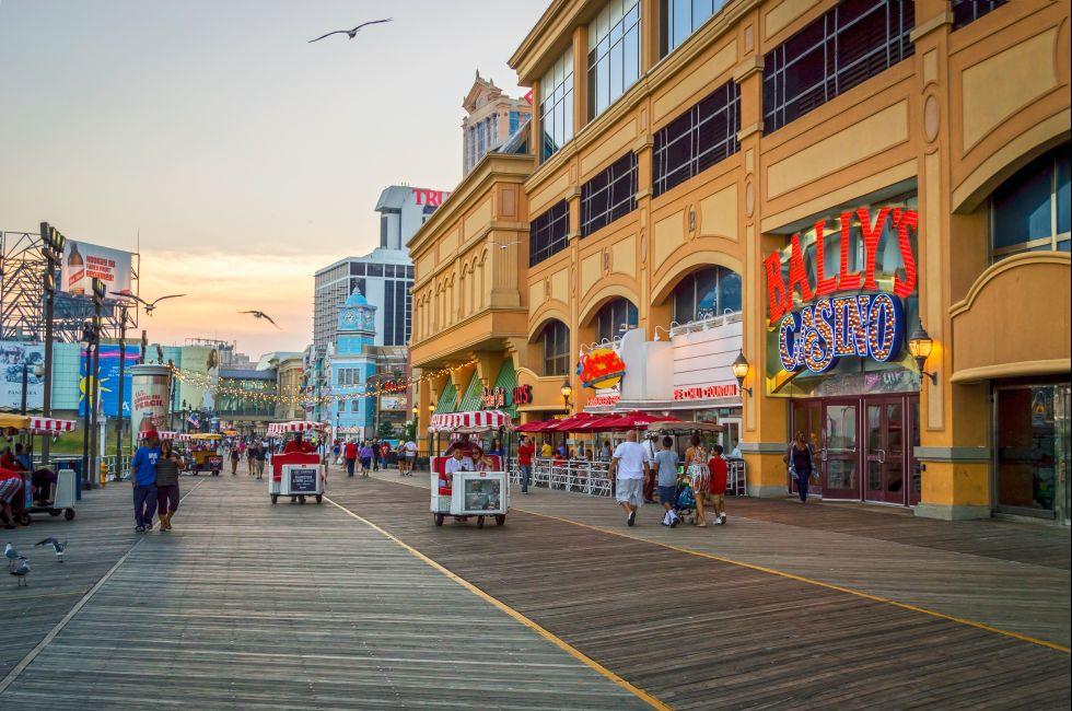 ATLANTIC CITY NEW JERSEY - SEPTEMBER 2: The boardwalk at sunset on September 2 2014 in Atlantic City New Jersey.
