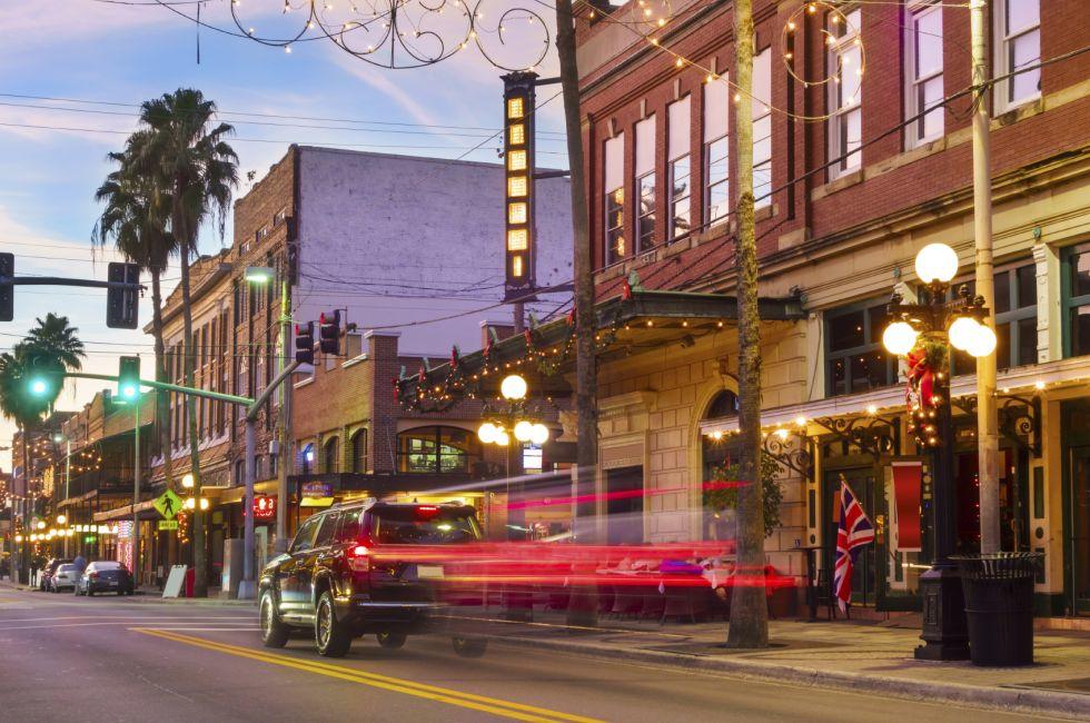 Historic Ybor City with bars and restaurants in Tampa, Florida, USA
