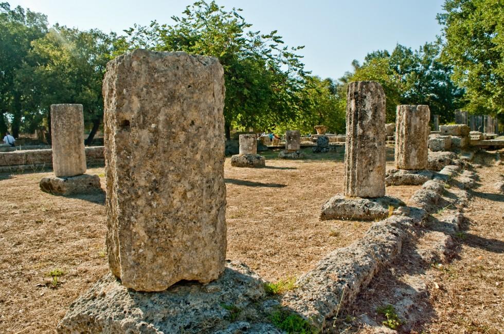 Row of ancient columns at Olympia;  