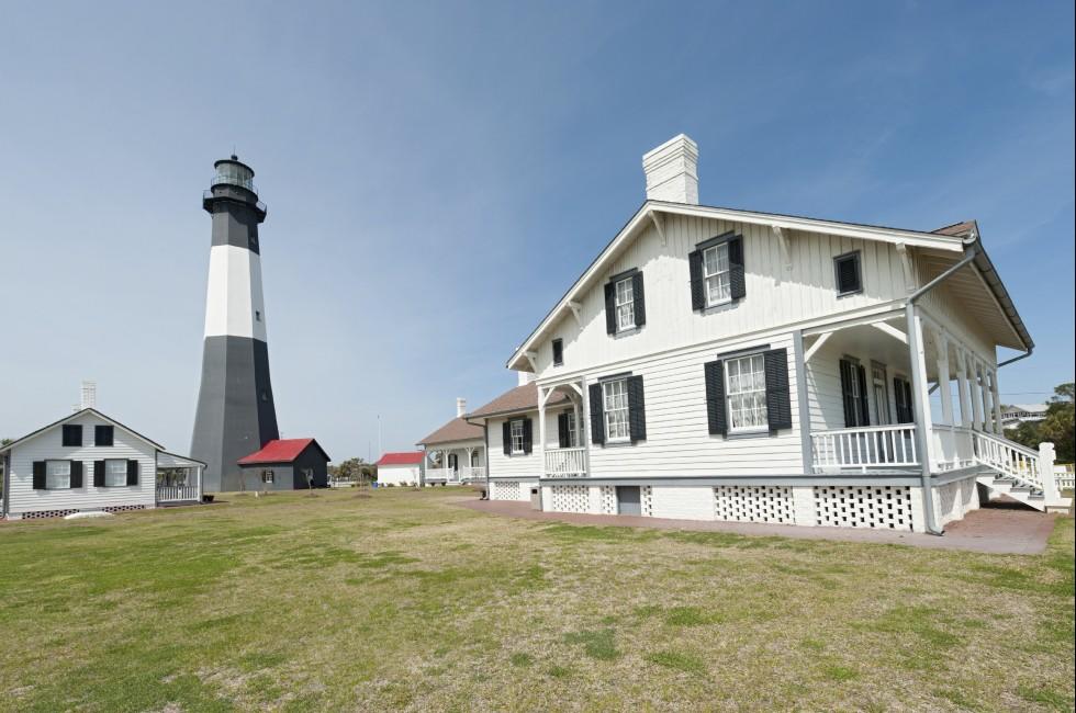 A view of the historic Tybee Island Lighthouse in Georgia, one of the famous lighthouses on the Eastern seaboard of America