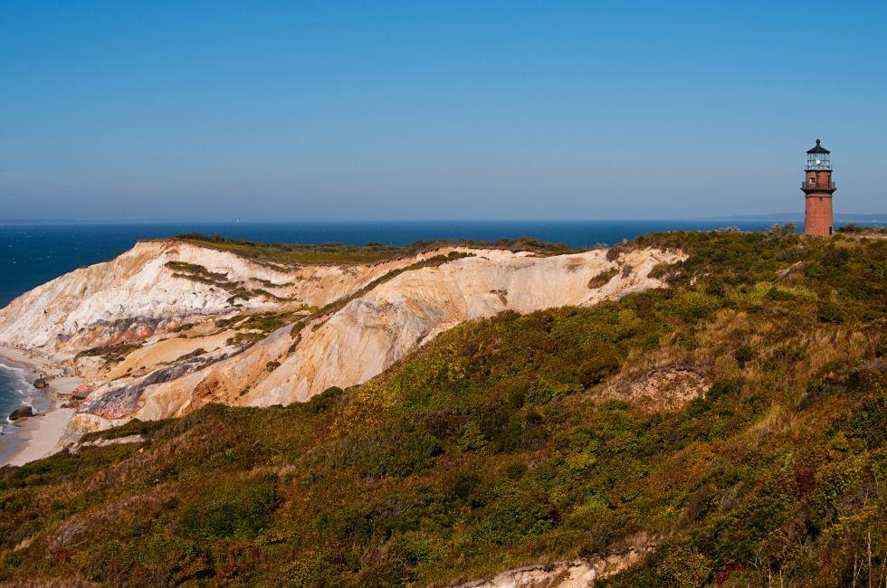 Gay Head lighthouse, also referred to as Aquinnah lighthouse, lies within community of Wampanoag Native Americans on Martha's Vineyard Island, in Massachusetts.; 