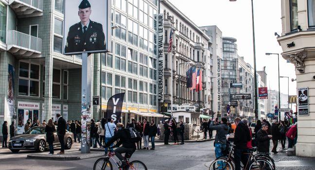 Checkpoint Charlie in Berlin was the crossing point Between East and West Berlin sectors during the Cold War.