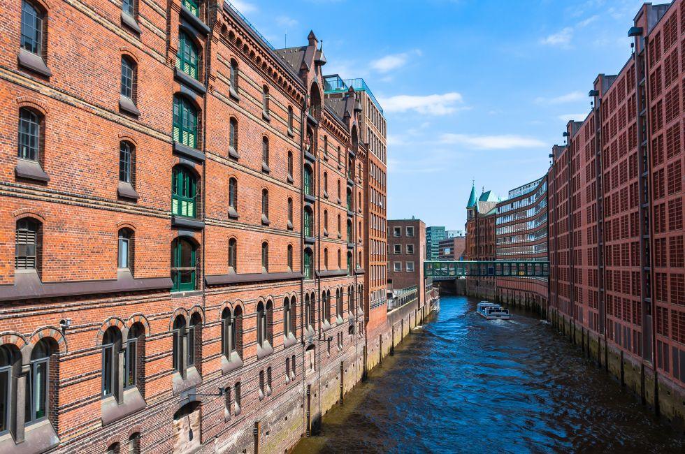 Famous old Speicherstadt in Hamburg, build with red bricks