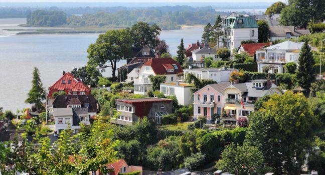 Hamburg, Germany - Blankenese, famous suburb of narrow pedestrian paths and stairways. View with Elbe river. District of Altona.