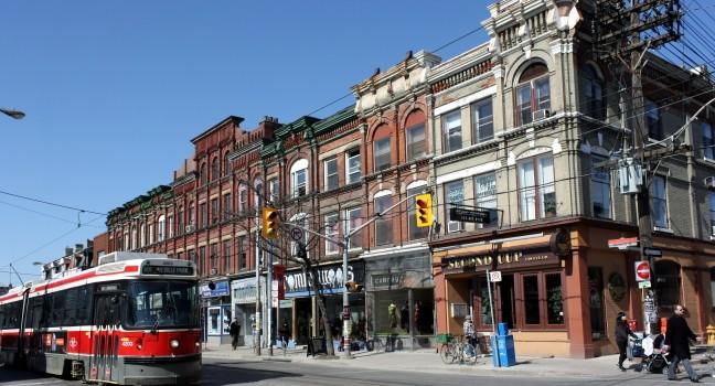 Toronto has one of North America's best preserved collection of Victorian architecture. These shops are on Queen Street West, an artistic neighborhood.