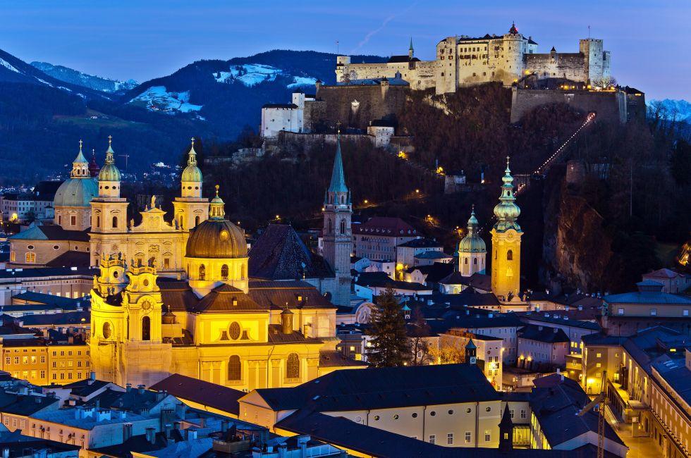 a city view of the city of salzburg in austria .. city and fortress hohensalzburg; 