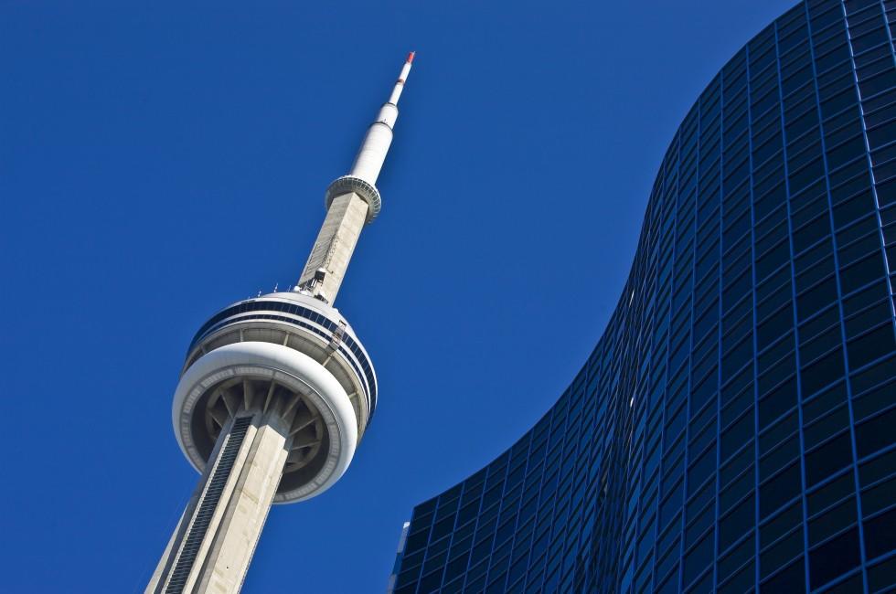 CN Tower against bright blue sky, Toronto, Canada; 