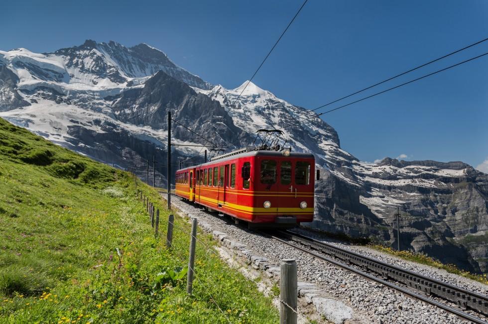 Famous Jungfrau Bahn with Beautiful Mountain View in Sunny Day. 