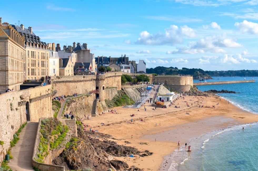 Atlantic beach under the walled city of St Malo, Brittany, France; 