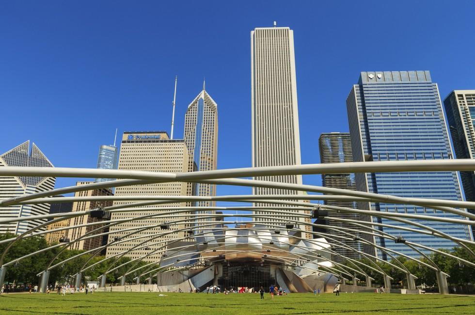 CHICAGO, ILLINOIS AUGUST 21: The popular Jay Pritzker Pavilion in Millennium Park on a beautiful summer day in downtown on August 21, 2011 in Chicago.