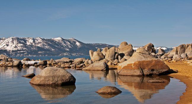 A clear morning in Zephyr Cove, Nevada with views of the Californiaside of Lake Tahoe.