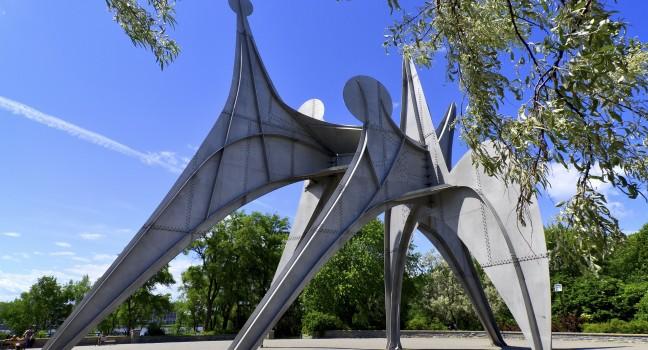 MONTREAL, CANADA - JUNE 19: The Alexander Calder sculpture L'Homme is a large-scale outdoor sculpture on june 19 2013 in Parc Jean-Drapeau, located in Montreal. Made for 1967 World Fair.