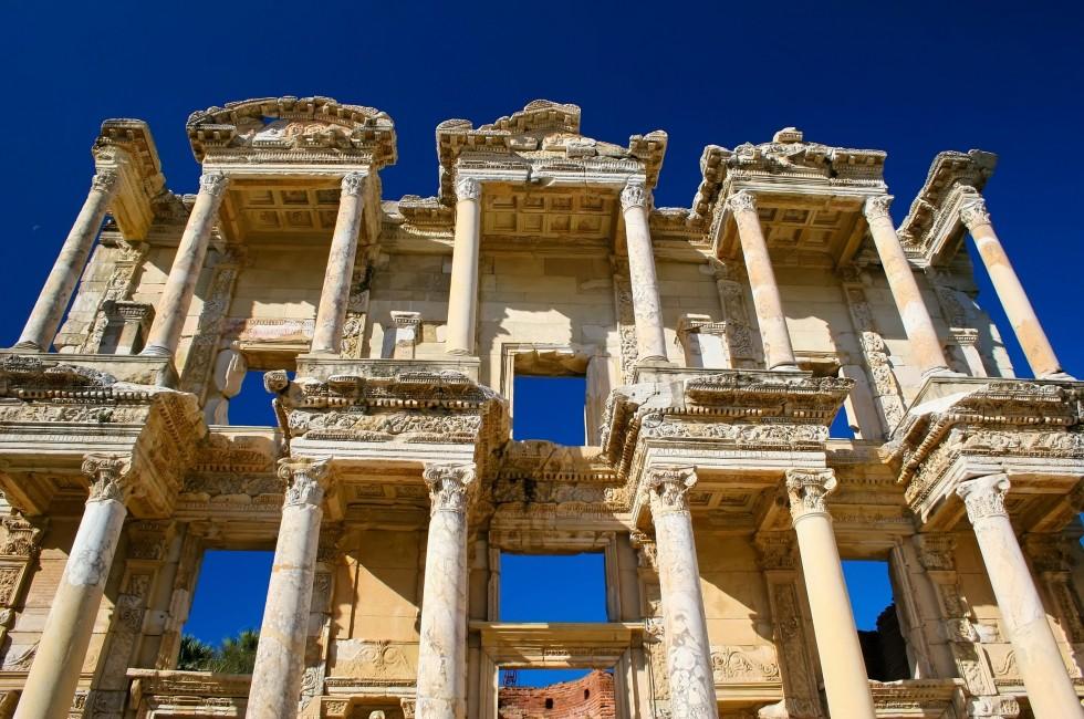 The Columns of the Celsus Library of Ancient Ephsus in Kusadasi Turkey;  