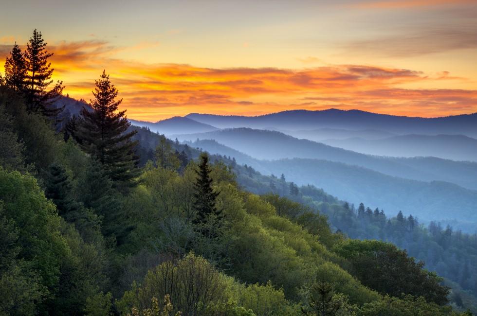 Great Smoky Mountains National Park Scenic Sunrise Landscape at Oconaluftee Overlook between Cherokee NC and Gatlinburg TN.