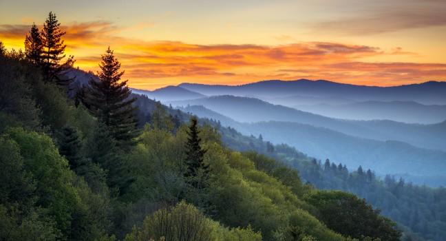 Great Smoky Mountains National Park Scenic Sunrise Landscape at Oconaluftee Overlook between Cherokee NC and Gatlinburg TN.