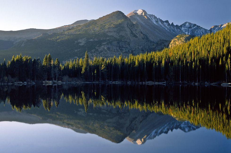 A sunrise reflection at Bear Lake in Rocky Mountain National Park.; 