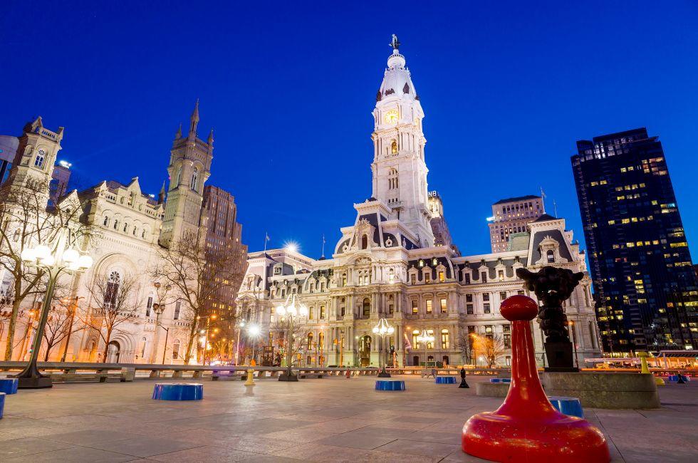 Philadelphia's landmark historic City Hall building at twilight. 