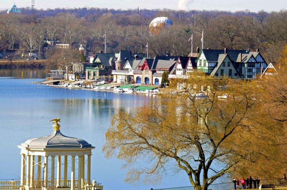A view from the Philadelphia Art Museum taken in the fall of Philadelphia's Boathouse Row.
