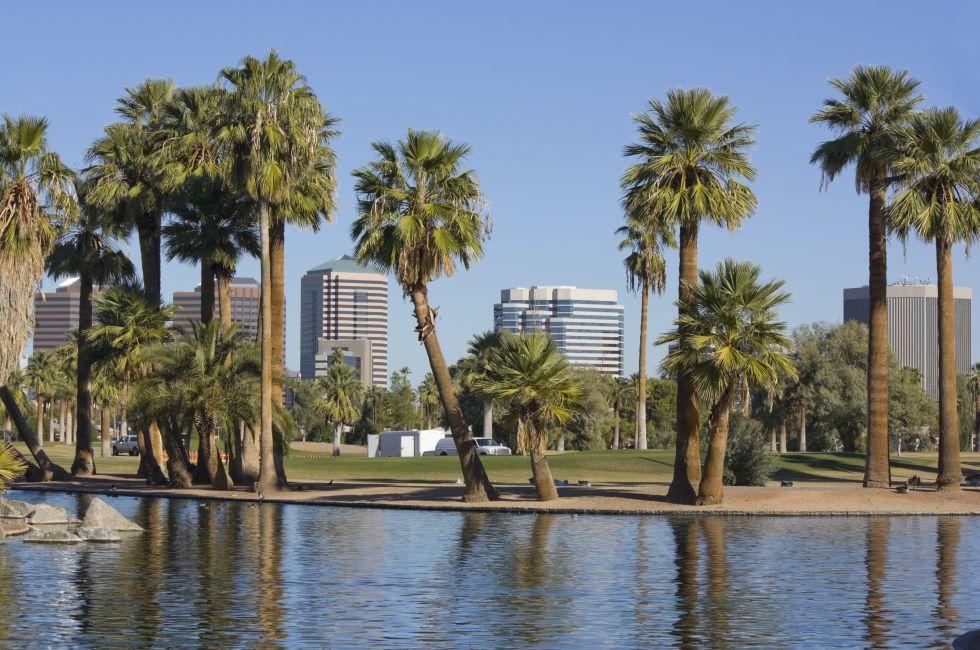 Downtown of Phoenix as seen from Encanto park, Arizona; 