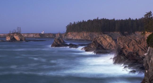 Oregon Coast near Coos Bay - Cape Arago Lighthouse - long exposure at twilight.