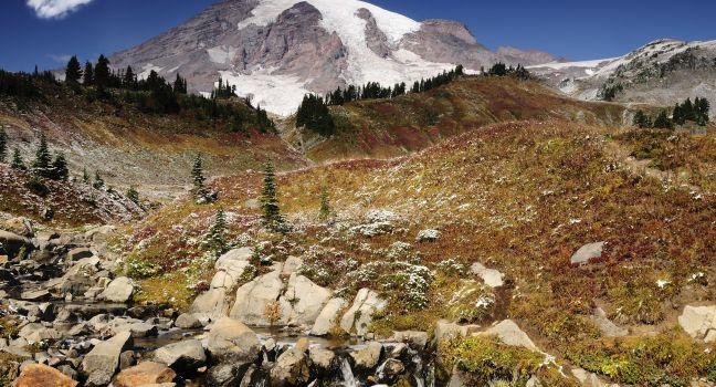 Majestic Mount Rainier blushing with valleys covered with fall colors.