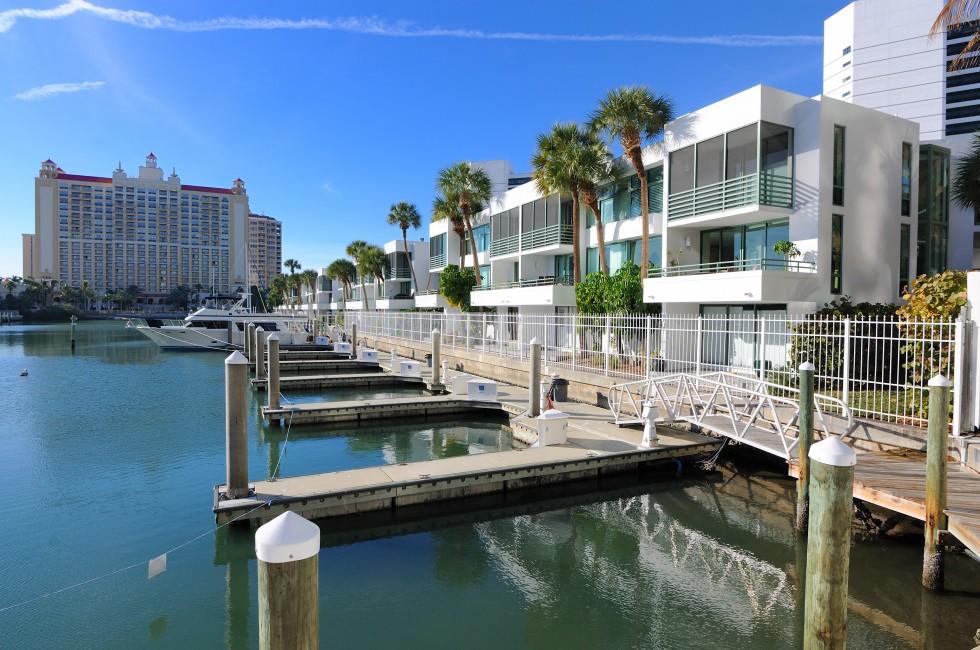 marina lined with residential condominiums in sarasota, florida;