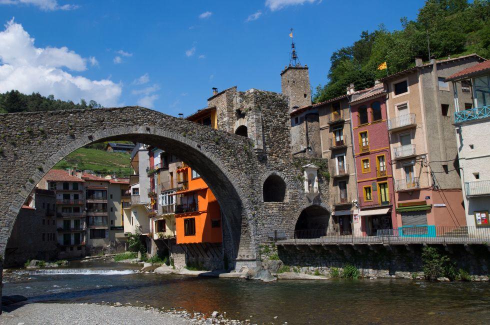 Stone bridge on Camprodon town called Small Gerona, Spain