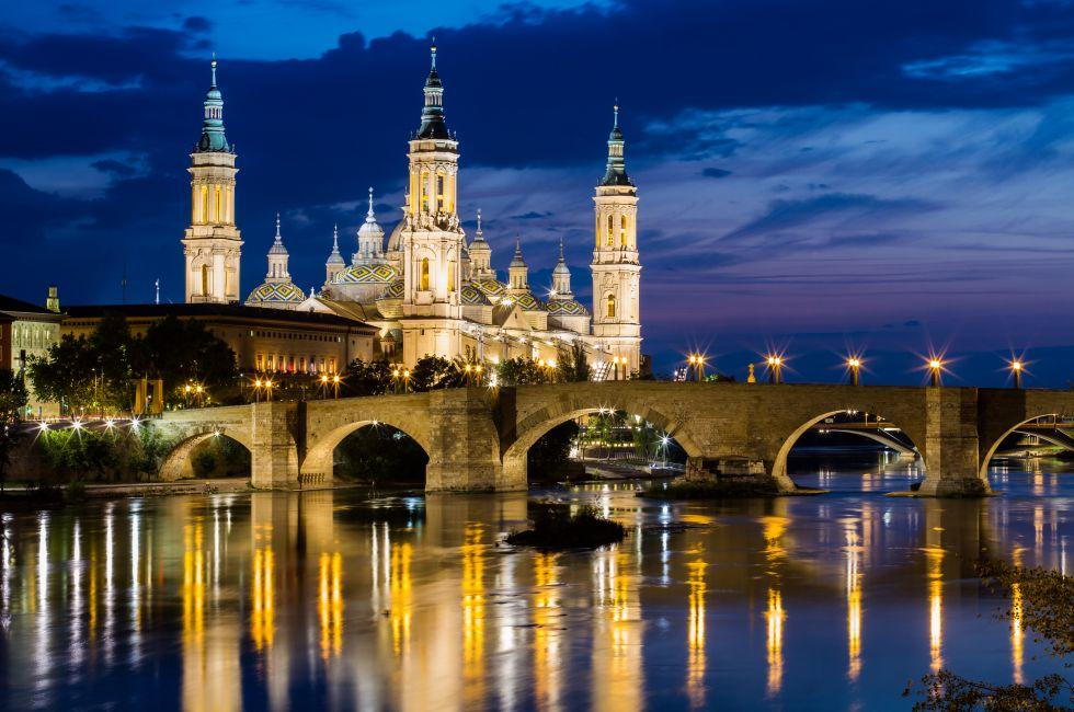 View of Our Lady of the Pillar at twilight in Zaragoza, Aragon
