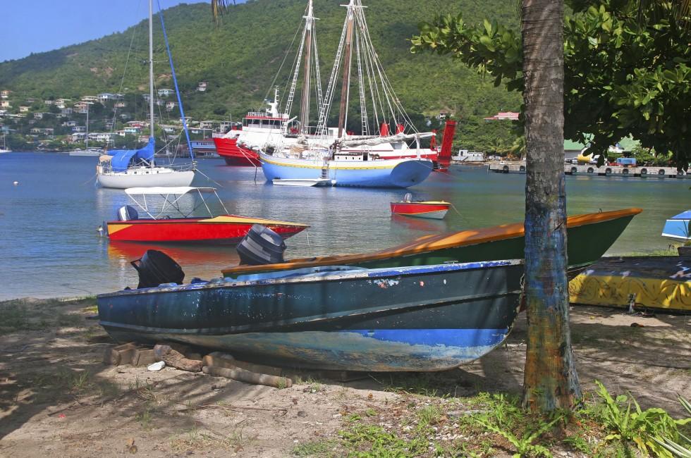 Boats moored in Admiralty Bay, Bequia, an island close to St. Vincent and the Grenadines in the Caribbean.;