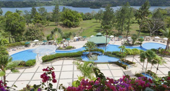 The Gamboa Rainforest Resort grounds with swimming pool and the Rio Chagres in the background.