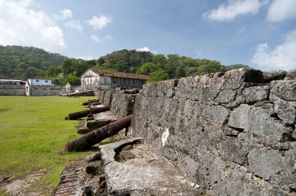 Cannon battery in San Jeronimo colonial spanish fortress. Portobelo village, Colon province, Panama, Central America.