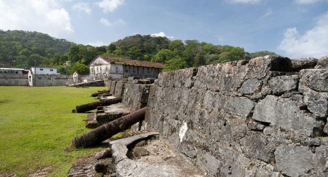 Cannon battery in San Jeronimo colonial spanish fortress. Portobelo village, Colon province, Panama, Central America.