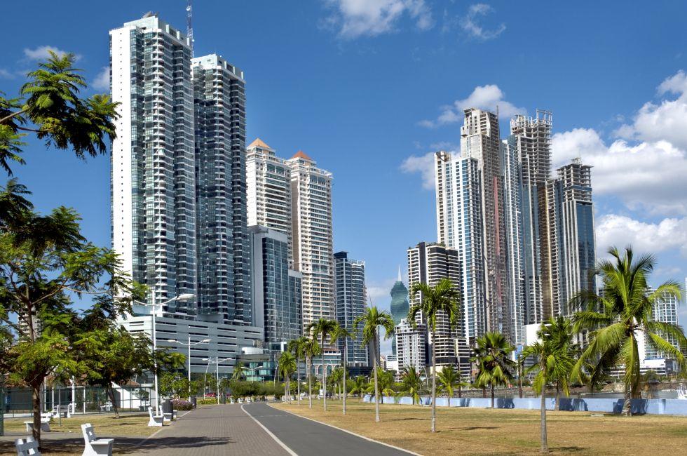 Modern city with high skyscrapers and the empty path - Panama City