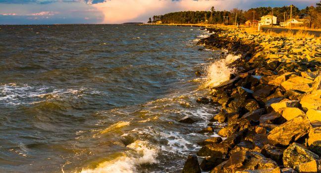 Waves on rocks on the Chesapeake Bay, in Tilghman Island, Maryland.