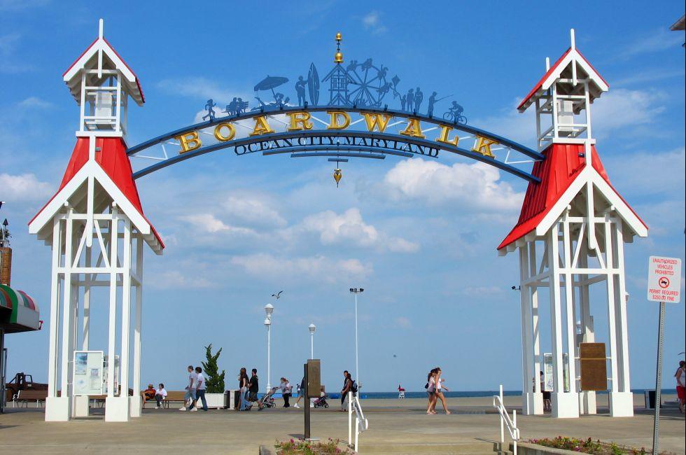 The famous public BOARDWALK sign located at the main entrance of the boardwalk in Ocean City, Maryland.