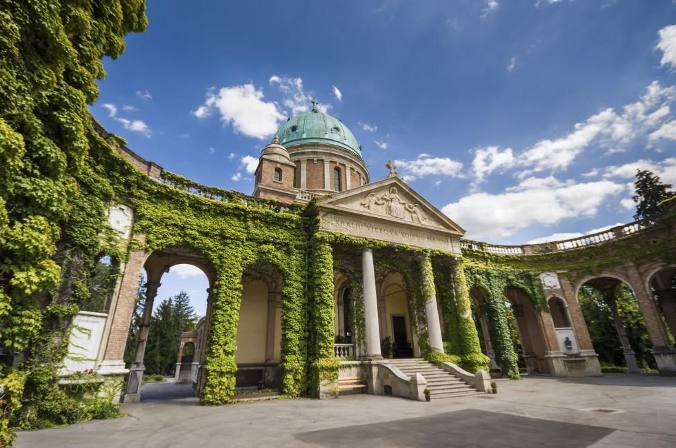 Entrance to Mirogoj cemetery with Church of King Christ in Zagreb, Croatia