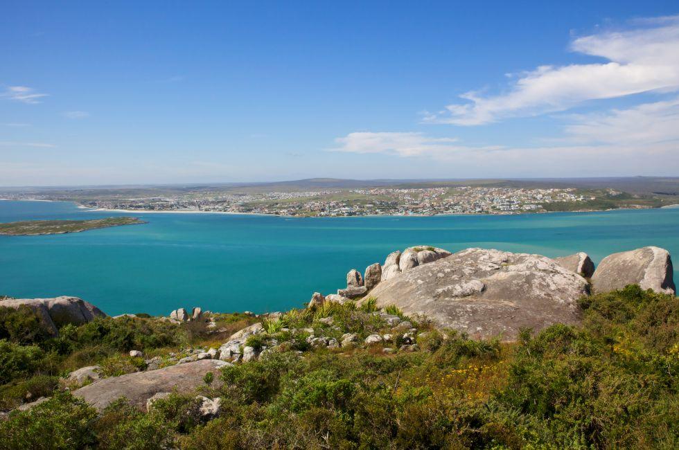 Langebaan Lagoon and the town of Langebaan seen from the West Coast National Park, Western Cape, South Africa.