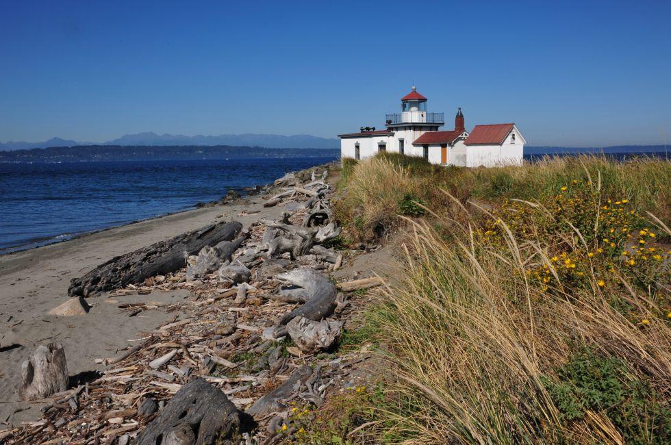 West Point Lighthouse near Discovery Park in Seattle, Washington.