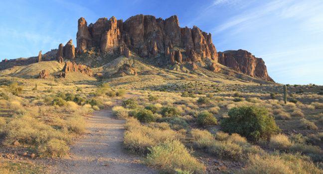 Evening view of a hiking trail in Superstition Mountains near Phoenix, Arizona.