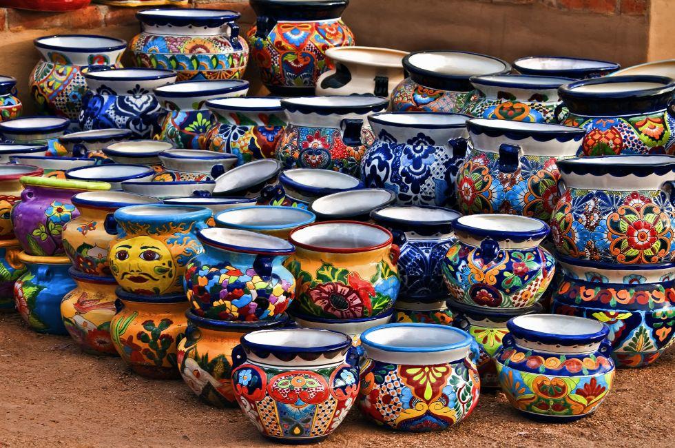Colorful ceramic pottery with designs from Mexico and on display to be sold in a local market in the artists colony city of Tubac, Arizona, near Tucson.