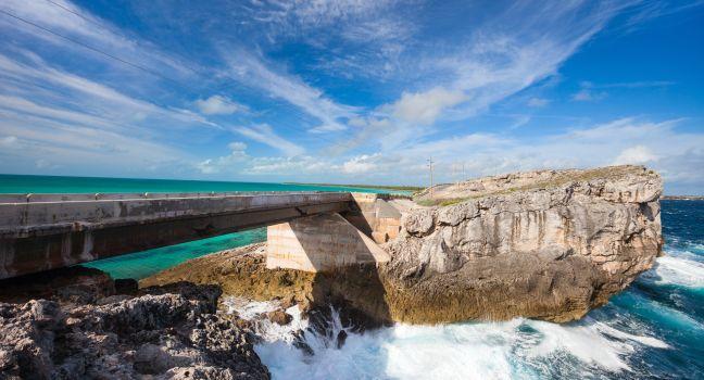 Glass window bridge on Eleuthera island Bahamas where Caribbean sea meets Atlantic ocean