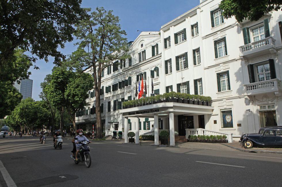 Front view of Hotel Sofitel Legend Metropole Hanoi. The old hotel is a well-known French architecture in Vietnam.