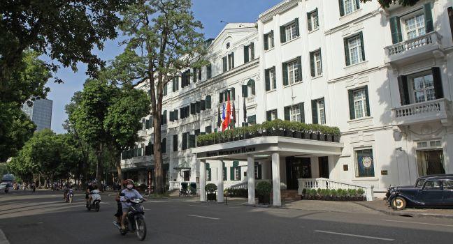 Front view of Hotel Sofitel Legend Metropole Hanoi. The old hotel is a well-known French architecture in Vietnam.