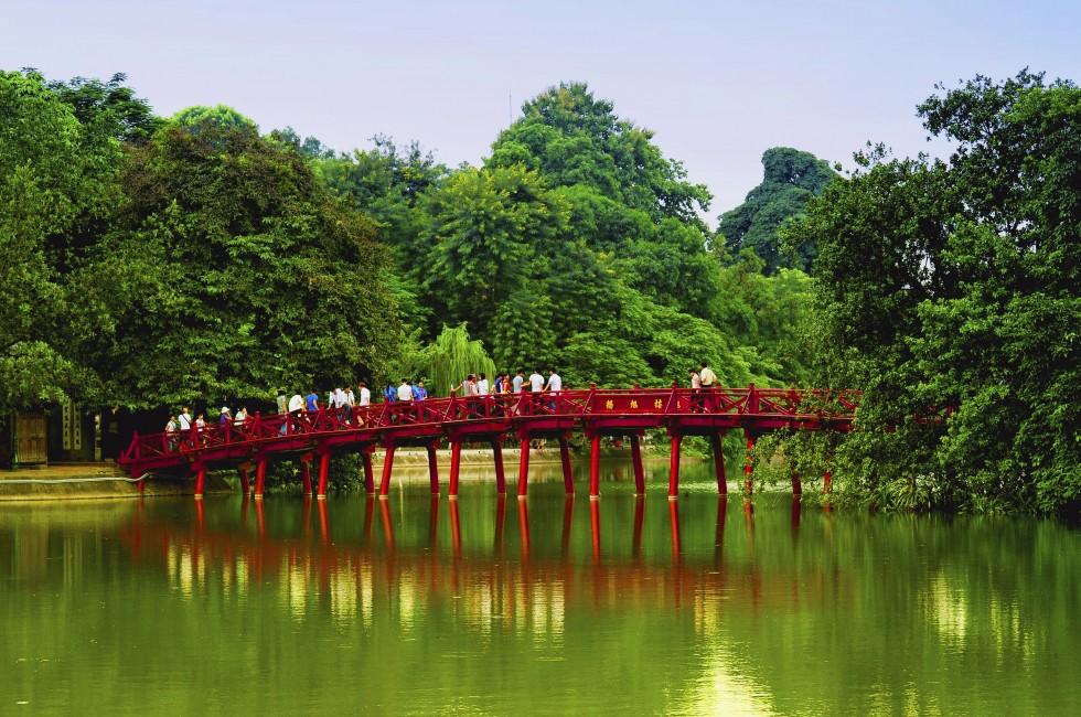 Red Bridge in Hoan Kiem Lake, Ha Noi, Vietnam; 