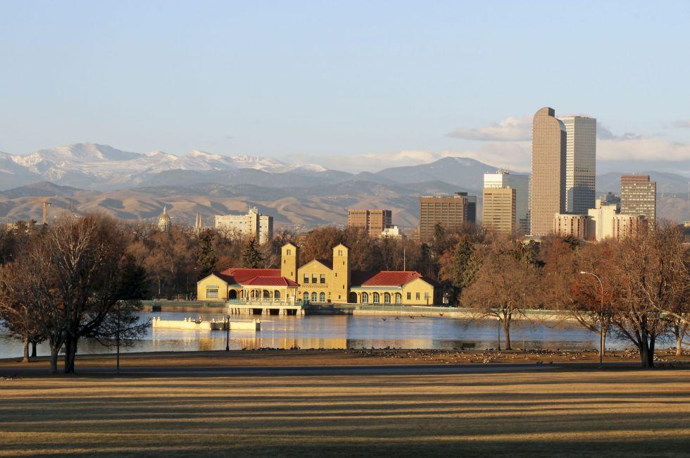 An early morning view of Denver, Colorado, USA as seen from the popular City Park.