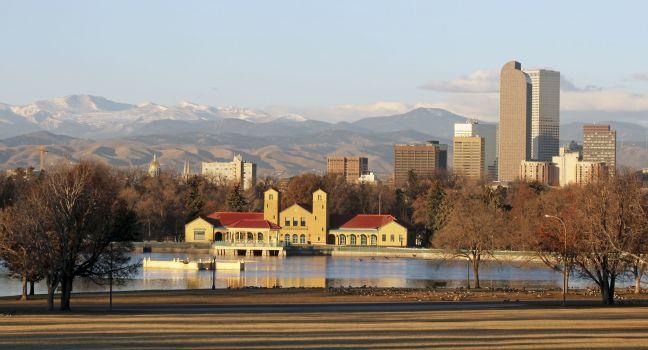 An early morning view of Denver, Colorado, USA as seen from the popular City Park.