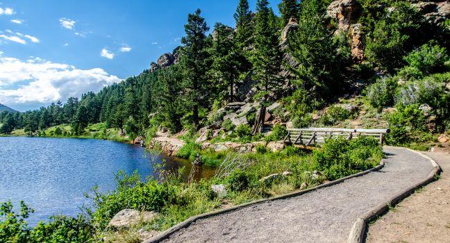 Lily Lake trailhead Estes Park Rocky Mountain National Park in Colorado with trails along the lake.
