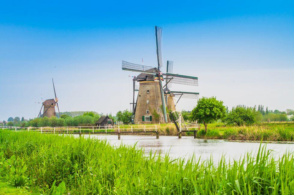 View to Dutch mills in Kinderdijk, Netherlands.