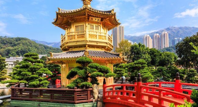 Golden pavilion of absolute perfection in Nan Lian Garden in Chi Lin Nunnery, Hong Kong, China